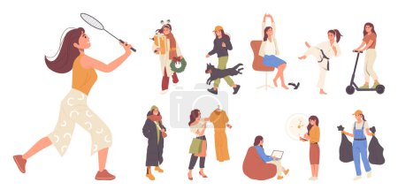Young dark hair woman cartoon character set of different occupation and daily routine activities. Female person playing tennis, doing karate, shopping, working, volunteering vector illustration