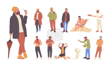 Trendy fashion handsome dark hair man cartoon character set of different professional occupation and daily routine activities. Casual male person doing sport, walking, sunbathing vector illustration