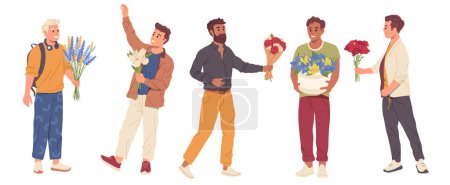 Young handsome man cartoon characters holding flower bouquets for present standing isolated on white background. Fashioned guys giving beautiful romantic blossomed gifts flat vector illustration