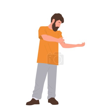 Erwachsener bärtiger Mann Zeichentrickfigur, die sich selbst isolierte flache Vektorillustration auf weißem Hintergrund injiziert. Guy macht Aufnahmen von Medikamenten mit Spritze oder Insulinspritze. Selbsthilfe und Hilfe