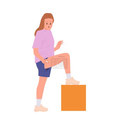 Isolated young woman cartoon character applying subcutaneous injection with syringe into hip leg putting limb on cube chair on white background. Treatment with medical drugs vector illustration