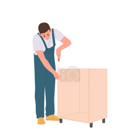 Assembly service furniture maker cartoon character using hardware making cabinet for room design isolated on white. Construction work, home renovation and professional staff vector illustration
