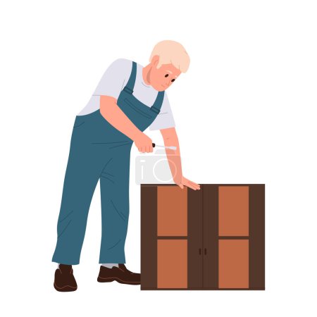 Illustration for Man carpenter cartoon character using screwdriver fixing, repairing, assembling wooden kitchen furniture for home design interior isolated on white. Professional assembly service vector illustration - Royalty Free Image