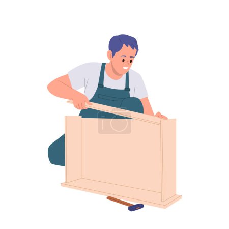 Illustration for Man master cartoon character fixing wooden pieces of cabinet for house apartment interior design isolated on white background. Repairman working with modular furniture at carpentry vector illustration - Royalty Free Image