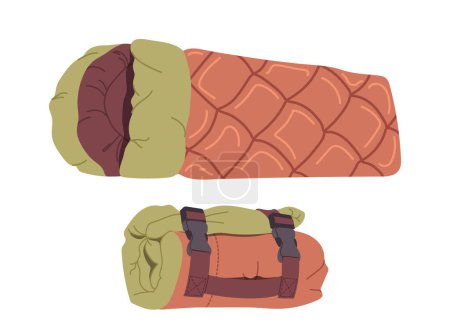Accessoires de camping-car portables déballés et roulés pour un confort de sommeil isolé sur fond blanc. Sac de couchage en rouleau et illustration vectorielle dépliée. Literie touristique en tissu pendant l'aventure