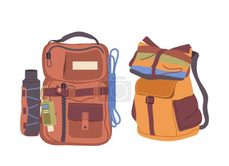 Casual travelling packages, camping backpacks, expedition sacks with survival tools isolated on white. Personal haversacks assortment for hikers and climbers trip adventure vector illustration