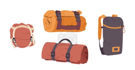 Travel sleeping bag rolled and packed in sack or backpack isolated set on white background. Comfort journey accessory, camping supply, hiking equipment for rest and sleep vector illustration