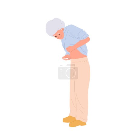 Anciana pensionista personaje de dibujos animados inyectando insulina en el vientre ilustración vectorial aislado sobre fondo blanco. Tratamiento de enfermedades crónicas, inmunización y vacunación para el control de la salud