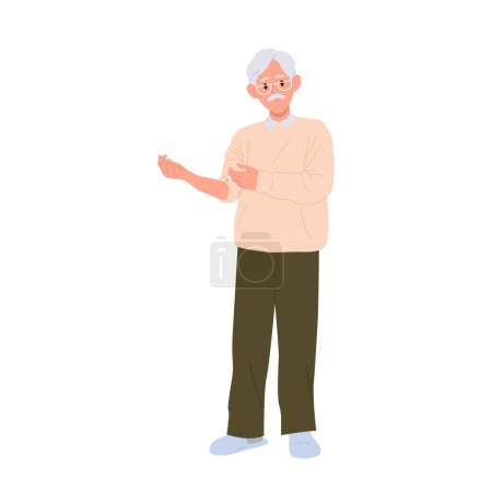 Älterer älterer Mann Zeichentrickfigur mit Spritze macht Selbstinjektion in der Hand isolierte Vektor-Illustration. Älterer männlicher Patient erhält gesundheitliche Stabilität durch Injektion flüssiger Medikamente selbst