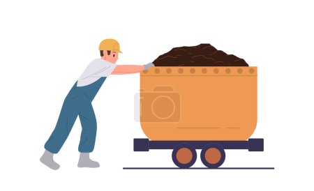 Mann Arbeiter Cartoon-Figur transportiert geförderten Erz schiebt Wagen auf Schiene im Kohlebergbau in der Mine beschäftigt. Professionelle Bergarbeiter arbeiten in Steinbruch Vektor Illustration. Konzept der Förderindustrie
