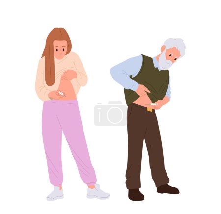 Junge Frau und älterer Mann Diabetiker Zeichentrickfiguren, die Insulin-Selbstinjektion machen Drogen in den Bauchbereich geschossen. Selbstbehandlung, Gesundheitsfürsorge und Therapie zu Hause Vektor Illustration