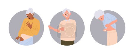 Alte Senioren Zeichentrickfigur bei der Selbstinjektion mit Medikamenten zur Behandlung chronischer Krankheiten isoliert runde Zusammensetzung gesetzt. Hausmittel für ungesunde Rentner