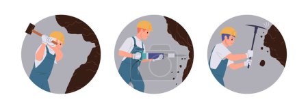 Isolated round composition set with coal miners cartoon characters working in quarry underground cave. Professional staff digging and extracting ore fossils and natural resources vector illustration