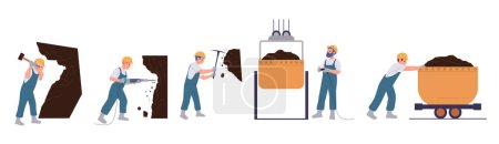 Coal mining industry set with people characters working underground using machinery and manual tools isolated on white background. Workers drilling, extracting and transporting ore vector illustration
