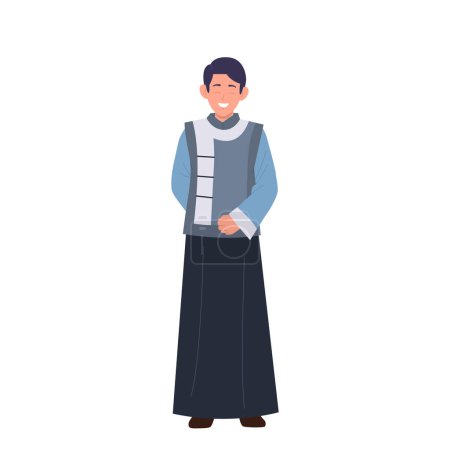 Jeune homme chinois souriant personnage de dessin animé portant des vêtements nationaux kimono traditionnel démontrant illustration vectorielle d'ethnicité asiatique isolé sur fond blanc. Concept de culture orientale