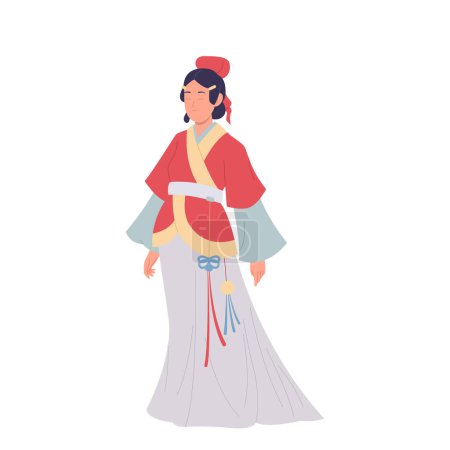 Junge schöne chinesische Zeichentrickfigur trägt traditionelles Hochzeitskleid isoliert auf weißem Hintergrund. Attraktive orientalische Tänzerinnen in farbenfrohen Kostümen