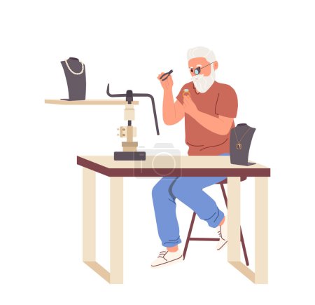 Illustration for Jeweler profession scene with mature grey-haired man wearing magnifying glasses using tweezers examining golden ring with diamond sitting at workplace, vector illustration isolated on white background - Royalty Free Image