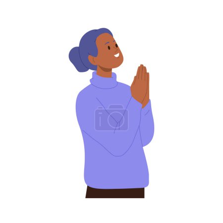 Young smiling religious woman cartoon character placed hands in pray isolated on white background. Happy kind female believer demonstrating faith, gratefulness and belief vector illustration