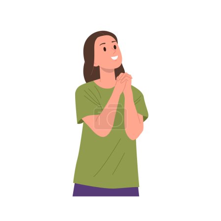 Illustration for Young female cartoon character with folded hands praying asking god for help, forgiveness isolated on white background. Religious woman performing traditional praise ritual vector illustration - Royalty Free Image