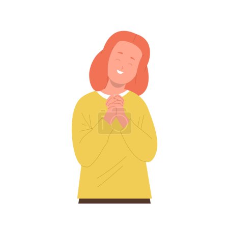 Illustration for Grateful girl prayer cartoon character smiling and feeling thankful gesturing religious palm isolated on white background. Peaceful little female kid believer feeling positive vector illustration - Royalty Free Image