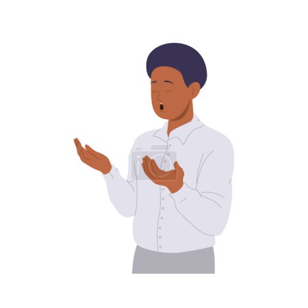 Hombre joven adulto personaje de dibujos animados rezando con las palmas hacia arriba mostrando una ferviente reverencia a Dios cantando oración aislada sobre fondo blanco. Gente fe, gratitud y alabanza vector ilustración