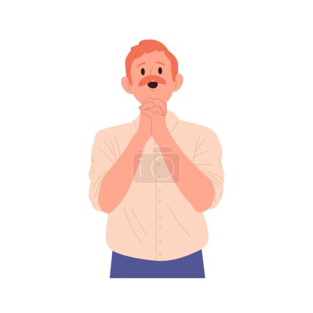 Illustration for Mature joyful man cartoon character hopeful praying asking god for help and support with deep faith isolated on white background. Male person apologizing, thanking or regretting vector illustration - Royalty Free Image