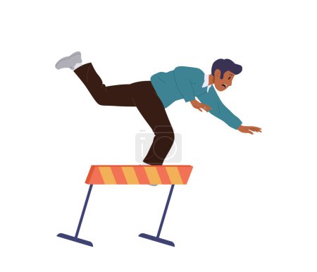 Office worker employee cartoon character running and falling down on business race with obstacles vector illustration. Male clerk jumping and stumbling over barrier losing in professional competition