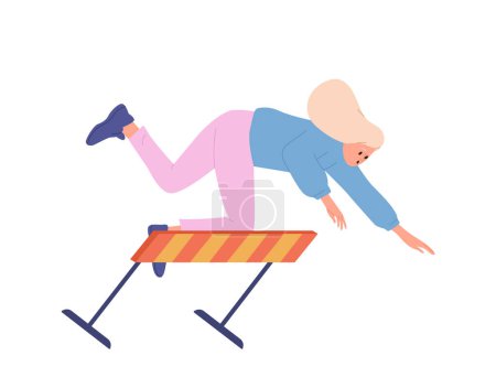 Mujer joven freelancer personaje de dibujos animados cayendo mientras salta por encima de los obstáculos que participan en el desafío empresarial ilustración vectorial aislado. Riesgo de carrera y dificultades para superar la metáfora