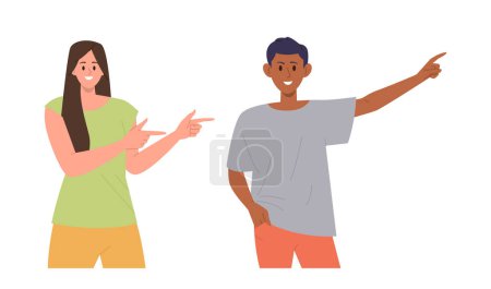Happy man woman cartoon characters pointing aside with index finger advertising something showing, presenting and introducing product with hand gesture and positive smile on face vector illustration