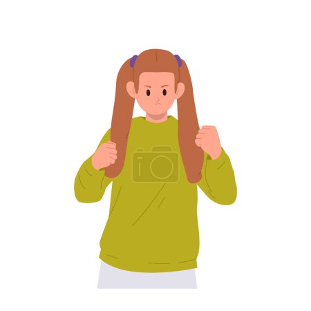 Illustration for Angry grumpy preteen girl child cartoon character clenching fists feeling mad and aggressive vector illustration. Emotional unhappy annoyed female kid in tantrum quarrelling with displeased behavior - Royalty Free Image