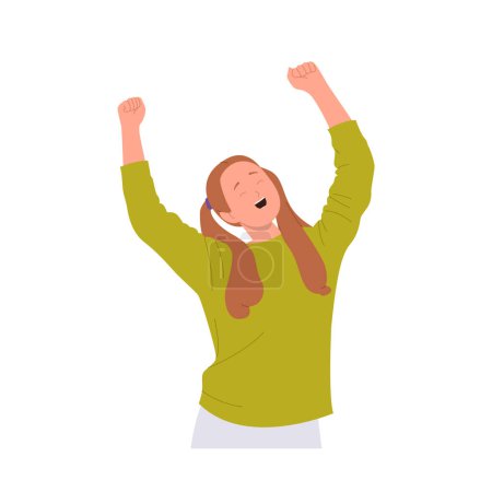 Feliz alegre niña preadolescente personaje de dibujos animados regocijándose alegremente levantando las manos sobre la cabeza bailando y riendo aislado en blanco. Lenguaje corporal infantil e ilustración vectorial de emociones positivas