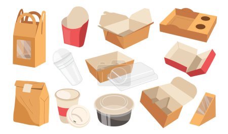 Cardboard boxes, cups, bowls and bags, plastic mugs one time packaging for fastfood storage, drinks and meal delivery set. Recyclable disposable containers for takeaway nutrition vector illustration