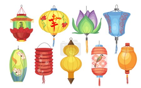 Illustration for Asian paper lantern, colorful festival lamps, traditional holiday decor light for celebration Chinese new year isolated set on white background. Decorative oriental religion symbol vector illustration - Royalty Free Image