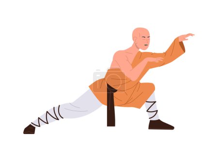 Ancient muscular Shaolin monk standing in kung fu fighting position isolated on white background. Traditional antique Chinese warrior, asian master practicing martial arts vector illustration