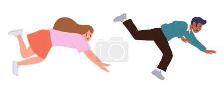 Umtriebige unerfahrene junge Mann und Frau Cartoon-Figur, die in Eile rennt, fallen während des Rennens Herausforderung Vektor Illustration. Gestresster Teenager und selbstständiger Geschäftsmann in Risikolage