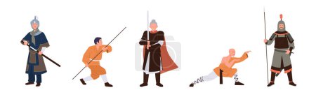 Antiguos guerreros chinos, caballero imperial con arma, ninja, monje karate budista aislado sobre fondo blanco. Héroes orientales tradicionales con ilustración vectorial ropa tradicional