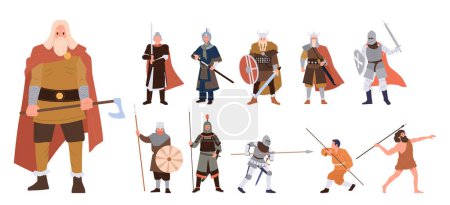 Illustration for Ancient historic military man soldier from different age and history period vector illustration. Prehistoric fighter, antique crusader, barbarian, chinese warrior, medieval knight, Shaolin monk - Royalty Free Image