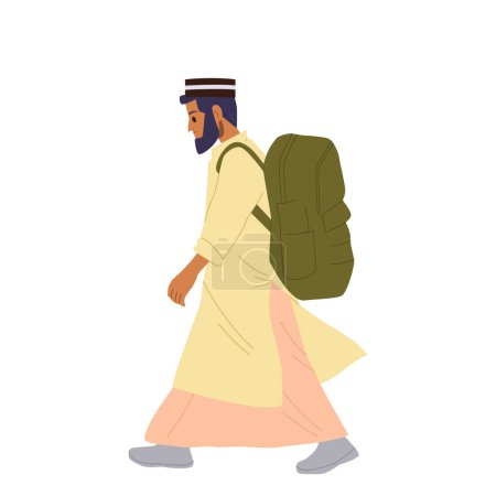 Ilustración de Personaje de dibujos animados de migrantes o refugiados israelíes con ropa tradicional caminando con una mochila de equipaje aislada sobre un fondo blanco. Personas víctimas de crisis de invasión y concepto de conflicto bélico - Imagen libre de derechos