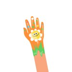 Cute art drawing with daisy flower plant design on child hand isolated on white background. Funny colorful painting with funny childish floral pattern on palm greeting gesture vector illustration