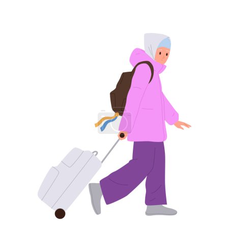 Unhappy sad young Ukrainian woman refugee cartoon character with luggage suitcase searching new home vector illustration isolated on white background. Migration due to war conflict in Ukraine concept