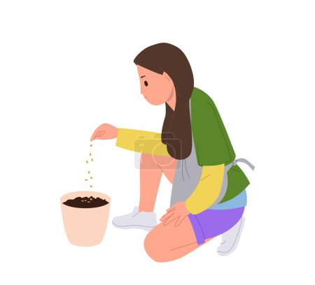 Happy teenager girl child cartoon character planting greens or floral seeds in pot, enjoying seedling cultivation vector illustration. Garden work, domestic orangery caring and growing, children hobby