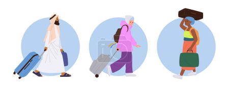 Illustration for Global international migration isolated round composition set. People refugees cartoon characters walking with luggage suitcases, backpacks searching for asylum on another country vector illustration - Royalty Free Image