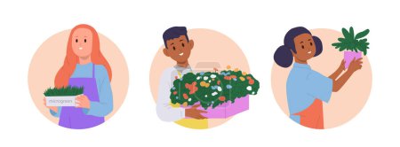 Composición avatar redonda aislada con personajes de dibujos animados infantiles felices que sostienen microgreens, flores florecen, plantas de interior suculentas que disfrutan de la plantación y la ilustración del vector de cultivo de plantas