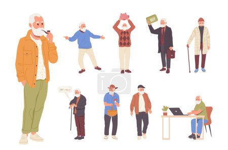 Illustration for Bearded grey-haired senior man cartoon characters daily activities, hobby routine, everyday action. Elderly male person walking, smoking pipe, gathering mushroom, working online, buying on auction - Royalty Free Image