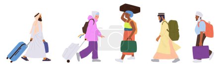 Migrants et réfugiés personnages de dessins animés ensemble isolé quitter le pays, se déplacer à l'étranger, voyager avec des sacs à bagages illustration vectorielle. Personnes internationales passagers, touristes et personnes réinstallées