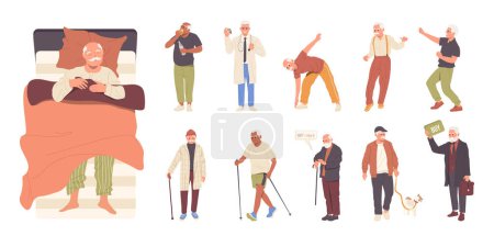 Illustration for Big set of elderly man isolated cartoon characters professional activities, hobby and daily lifestyle vector illustration. Aged male person sleeping, drinking fresh water, doing sort, walking, dancing - Royalty Free Image