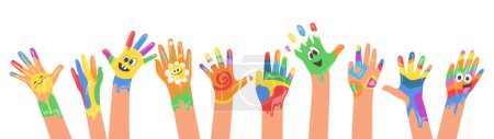 Colorful painted kids hands with creative ornaments, artistic smiley emoticon, flowers, rainbow patterns on palms, fingers vector illustration. Multicolored vivid imprints symbolized positivity, peace