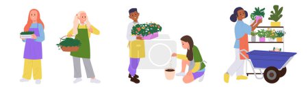 Niños jardineros personajes de dibujos animados aislados cultivando hierbas, micro verdes y flores caseras. Niños plantando, cultivando un huerto, cuidando de la ilustración vectorial de floricultura doméstica. Ecología actividad del hogar