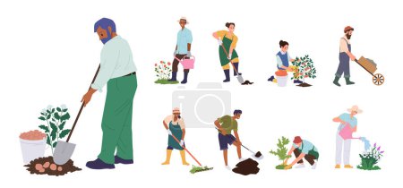 Illustration for People cartoon characters enjoying gardening activity with tools, working on ground, raking grass, landscaping and planting flowers vector illustration. Farming and agricultural occupation concept - Royalty Free Image