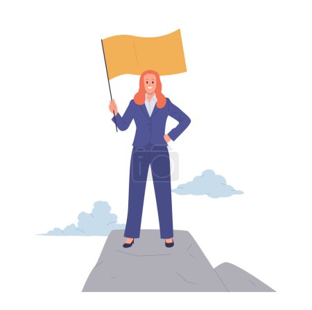 Brave confident businesswoman cartoon character in suit standing with flag on top of mountain vector illustration isolated on white background. Leadership, mission accomplishment and success metaphor